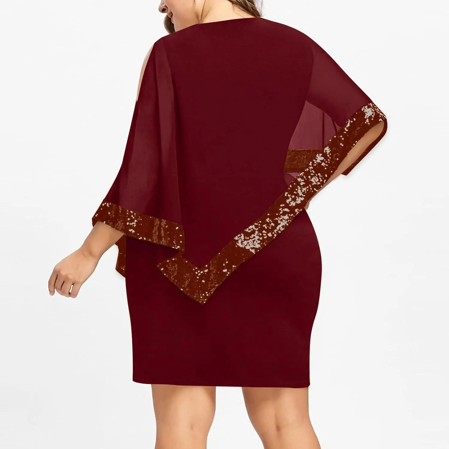 Plus Size Cape Dresses for Women with Metallic Trim Chiffon Overlay Bodycon Pencil Dress Wedding Cocktail Party Dress