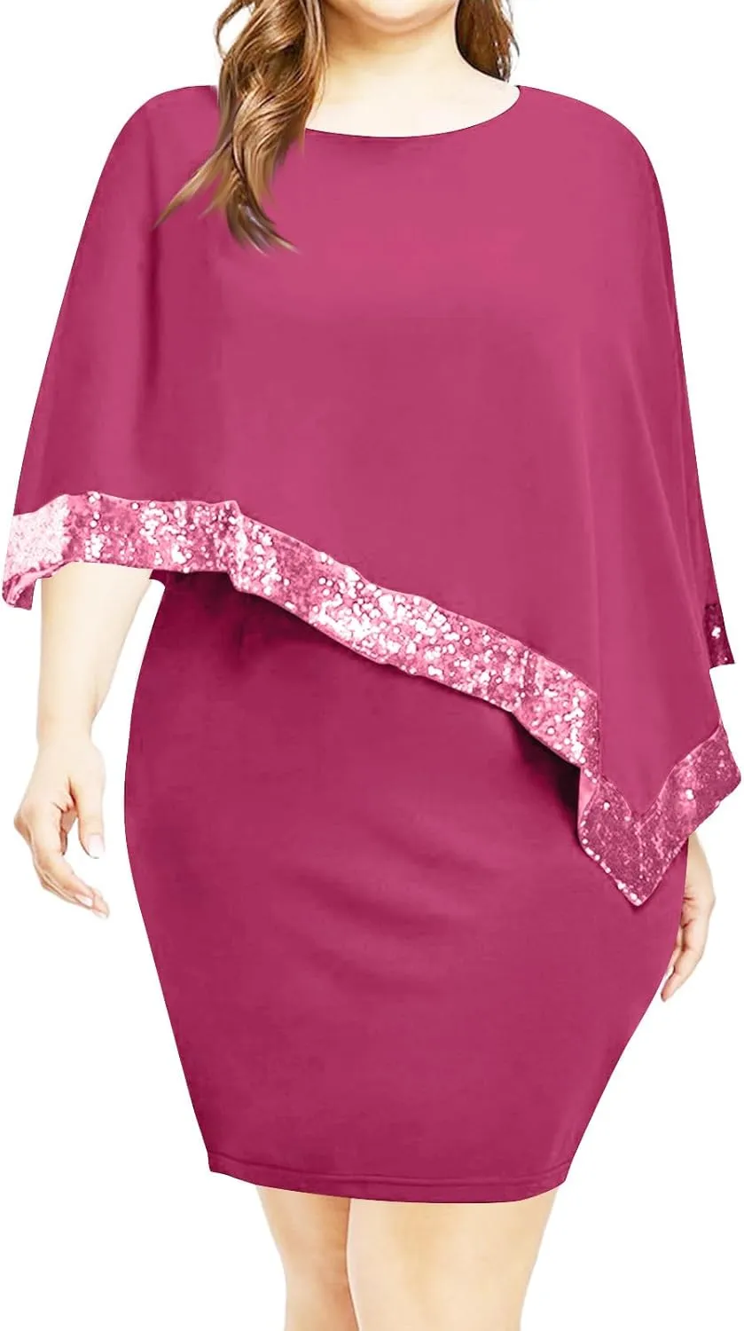 Plus Size Cape Dresses for Women with Metallic Trim Chiffon Overlay Bodycon Pencil Dress Wedding Cocktail Party Dress