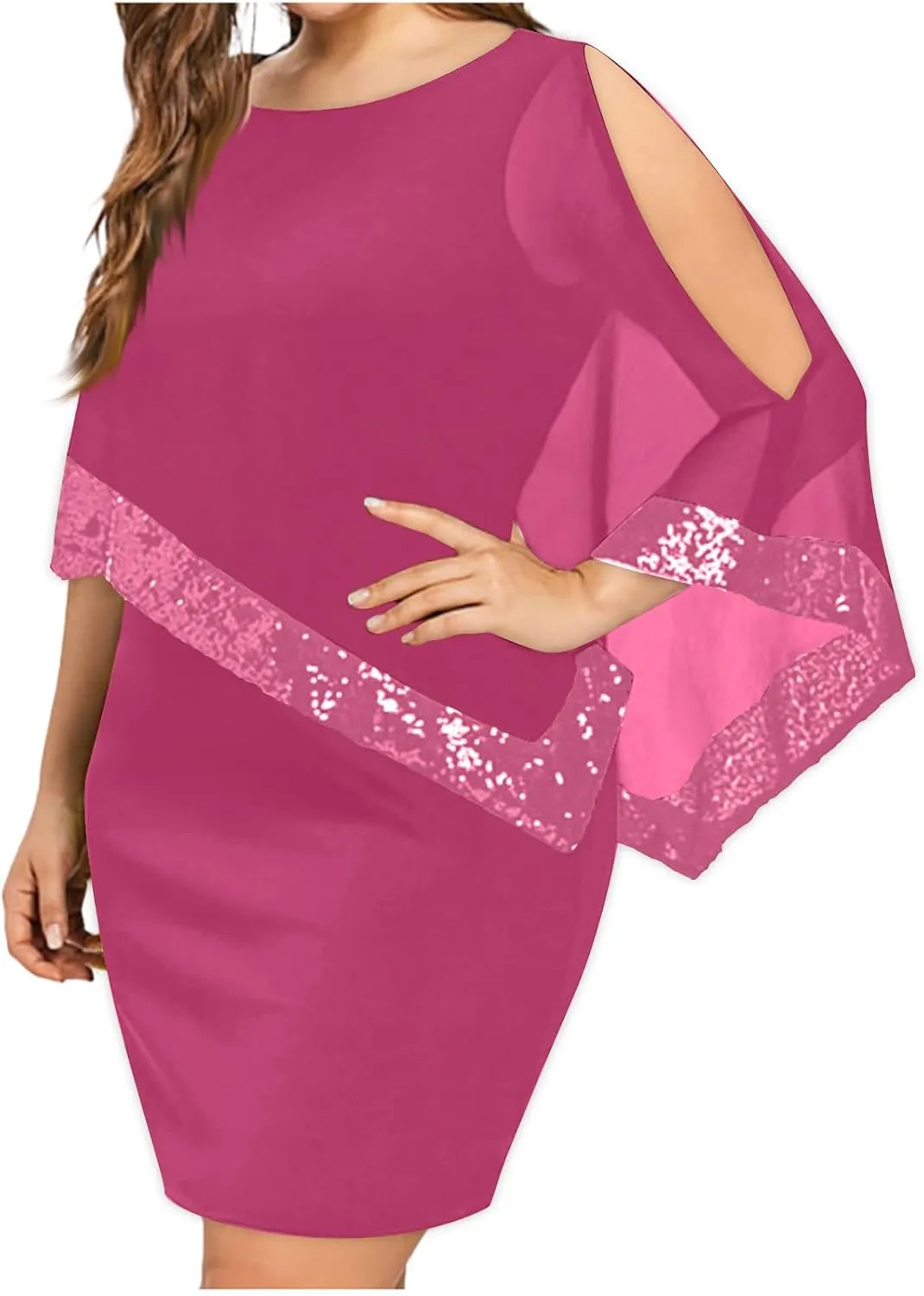 Plus Size Cape Dresses for Women with Metallic Trim Chiffon Overlay Bodycon Pencil Dress Wedding Cocktail Party Dress
