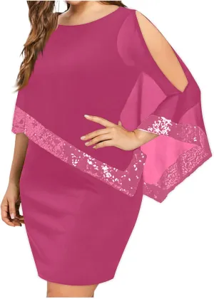 Plus Size Cape Dresses for Women with Metallic Trim Chiffon Overlay Bodycon Pencil Dress Wedding Cocktail Party Dress