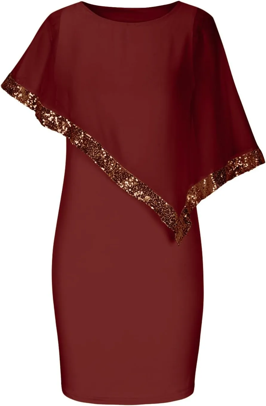 Plus Size Cape Dresses for Women with Metallic Trim Chiffon Overlay Bodycon Pencil Dress Wedding Cocktail Party Dress