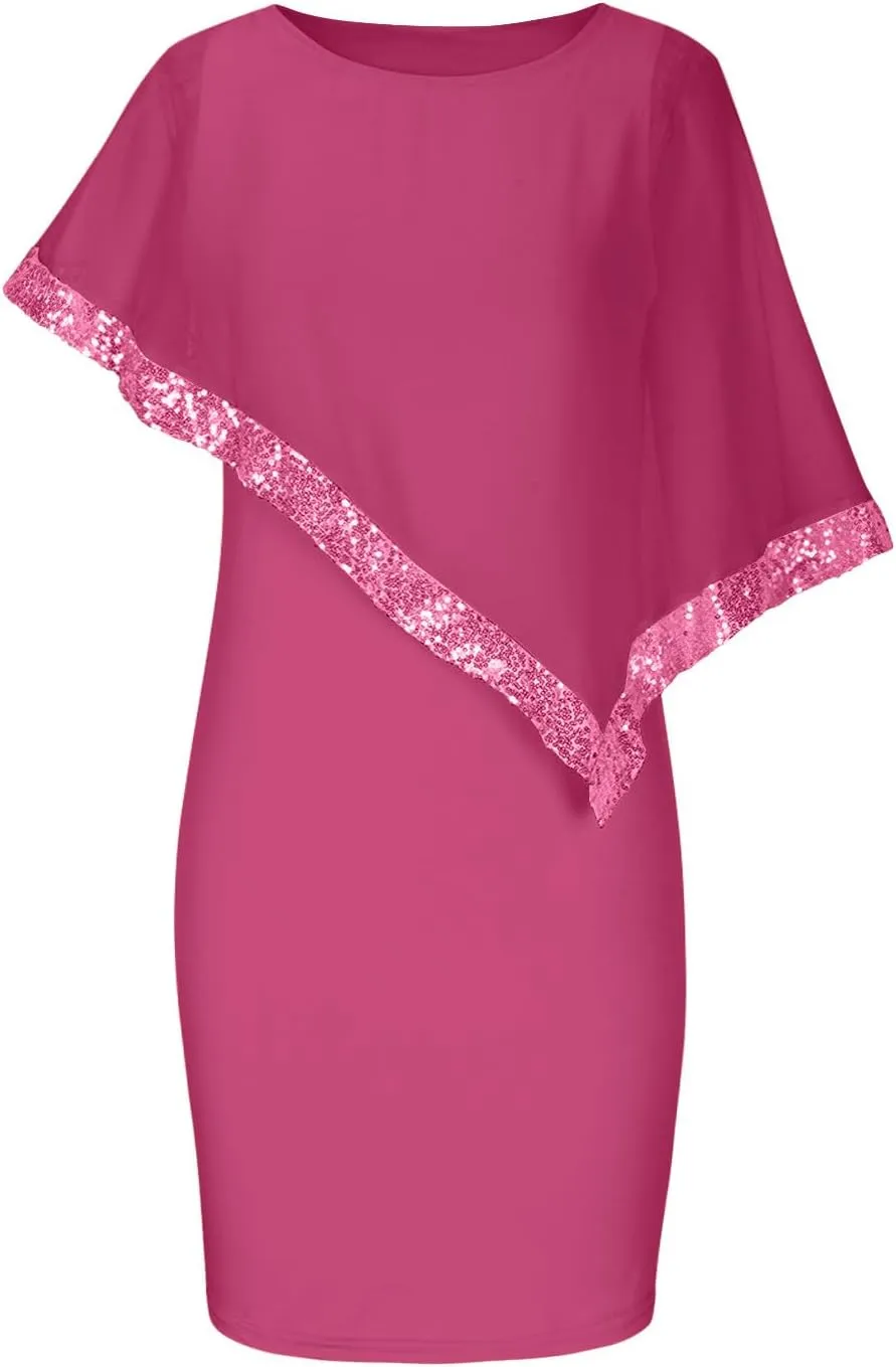 Plus Size Cape Dresses for Women with Metallic Trim Chiffon Overlay Bodycon Pencil Dress Wedding Cocktail Party Dress