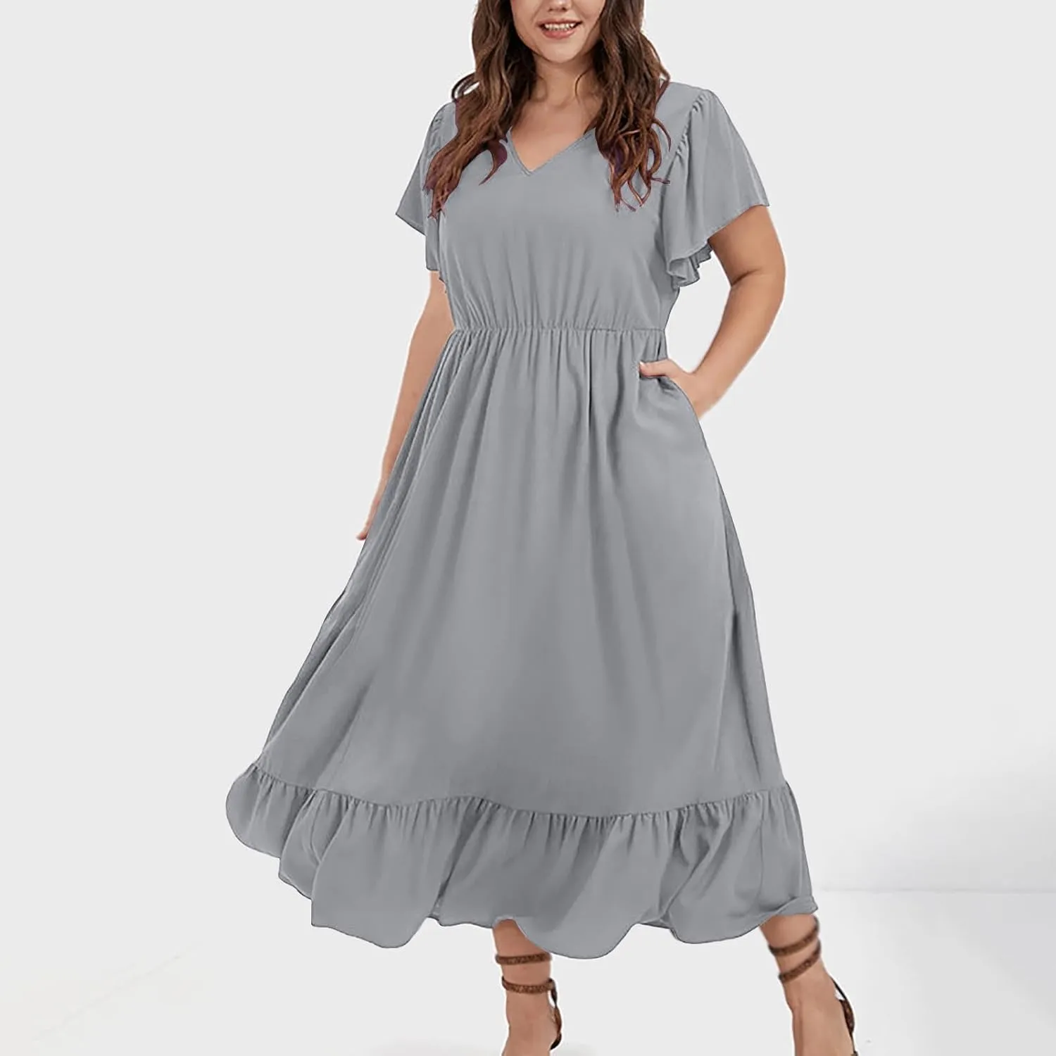 Plus Size Ruffle Dresses for Curvy Women Summer Beach Vacation Casual Short Sleeve V Neck Flowy Midi Dress with Pockets