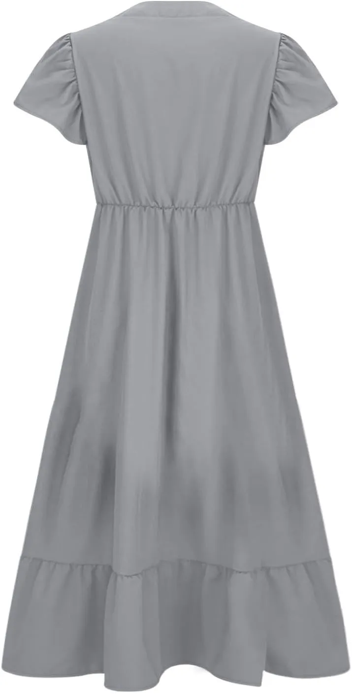 Plus Size Ruffle Dresses for Curvy Women Summer Beach Vacation Casual Short Sleeve V Neck Flowy Midi Dress with Pockets
