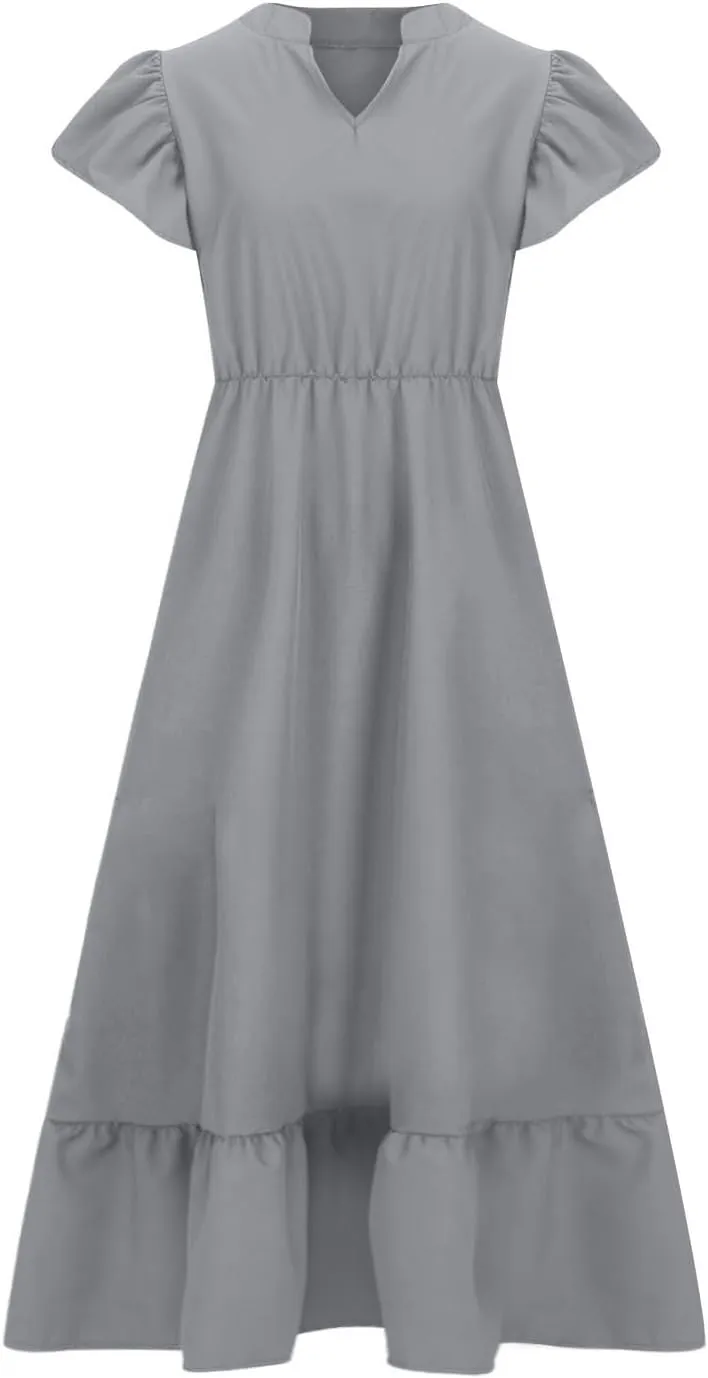 Plus Size Ruffle Dresses for Curvy Women Summer Beach Vacation Casual Short Sleeve V Neck Flowy Midi Dress with Pockets