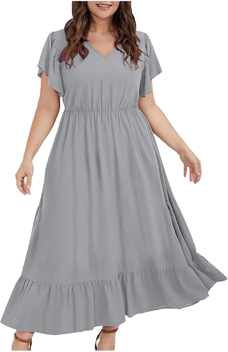 Plus Size Ruffle Dresses for Curvy Women Summer Beach Vacation Casual Short Sleeve V Neck Flowy Midi Dress with Pockets