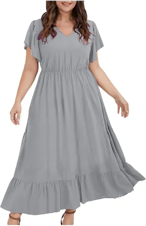 Plus Size Ruffle Dresses for Curvy Women Summer Beach Vacation Casual Short Sleeve V Neck Flowy Midi Dress with Pockets