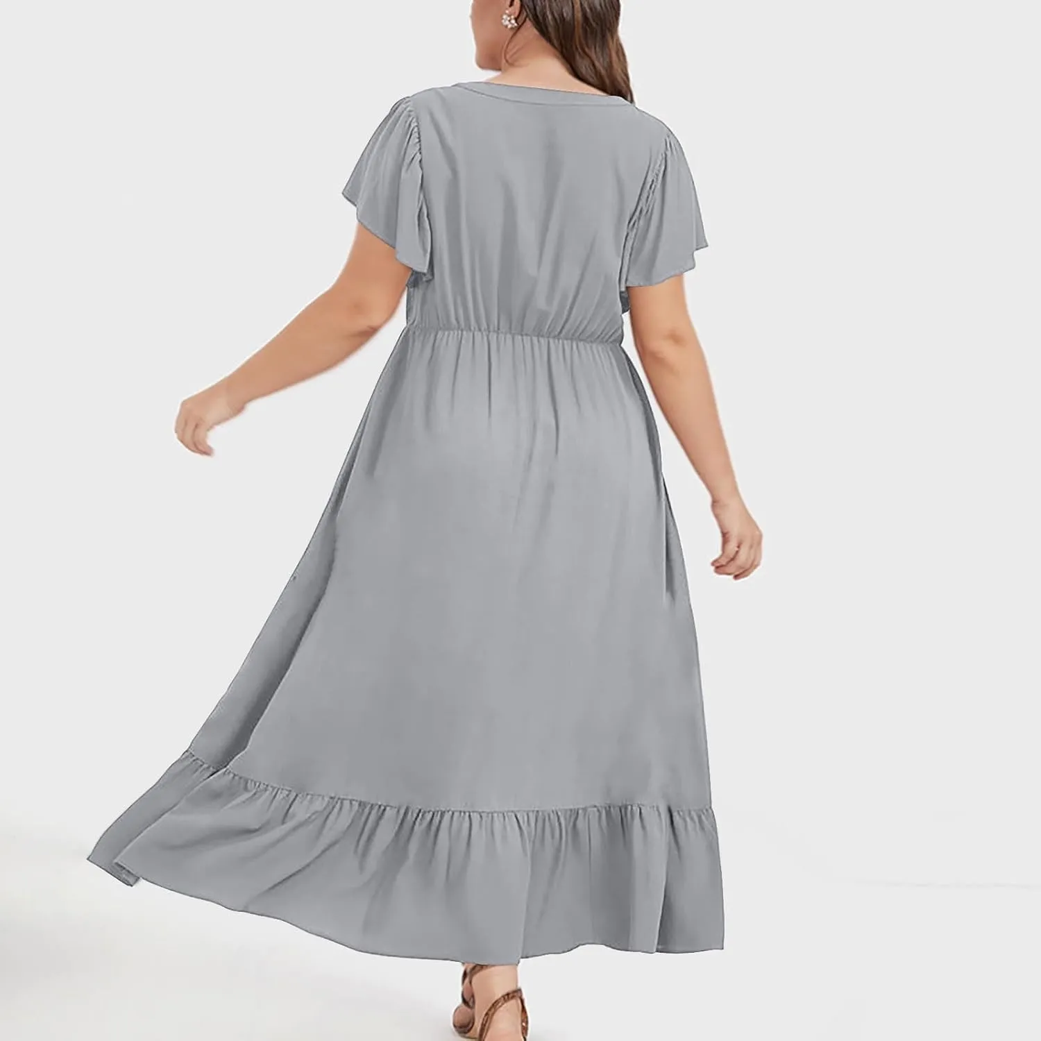 Plus Size Ruffle Dresses for Curvy Women Summer Beach Vacation Casual Short Sleeve V Neck Flowy Midi Dress with Pockets