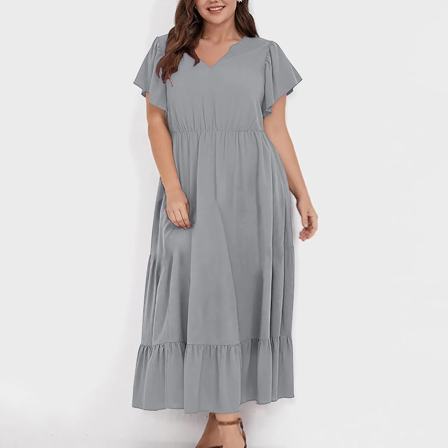 Plus Size Ruffle Dresses for Curvy Women Summer Beach Vacation Casual Short Sleeve V Neck Flowy Midi Dress with Pockets