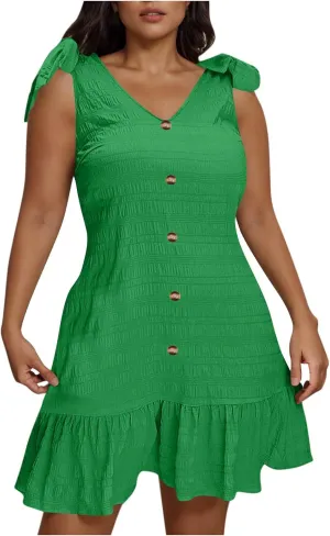 Plus Size Textured Mini Dresses for Women Casual Bowknot Strap Sleevevless Button Decor Ruffle Hem Tank Beach Sundress