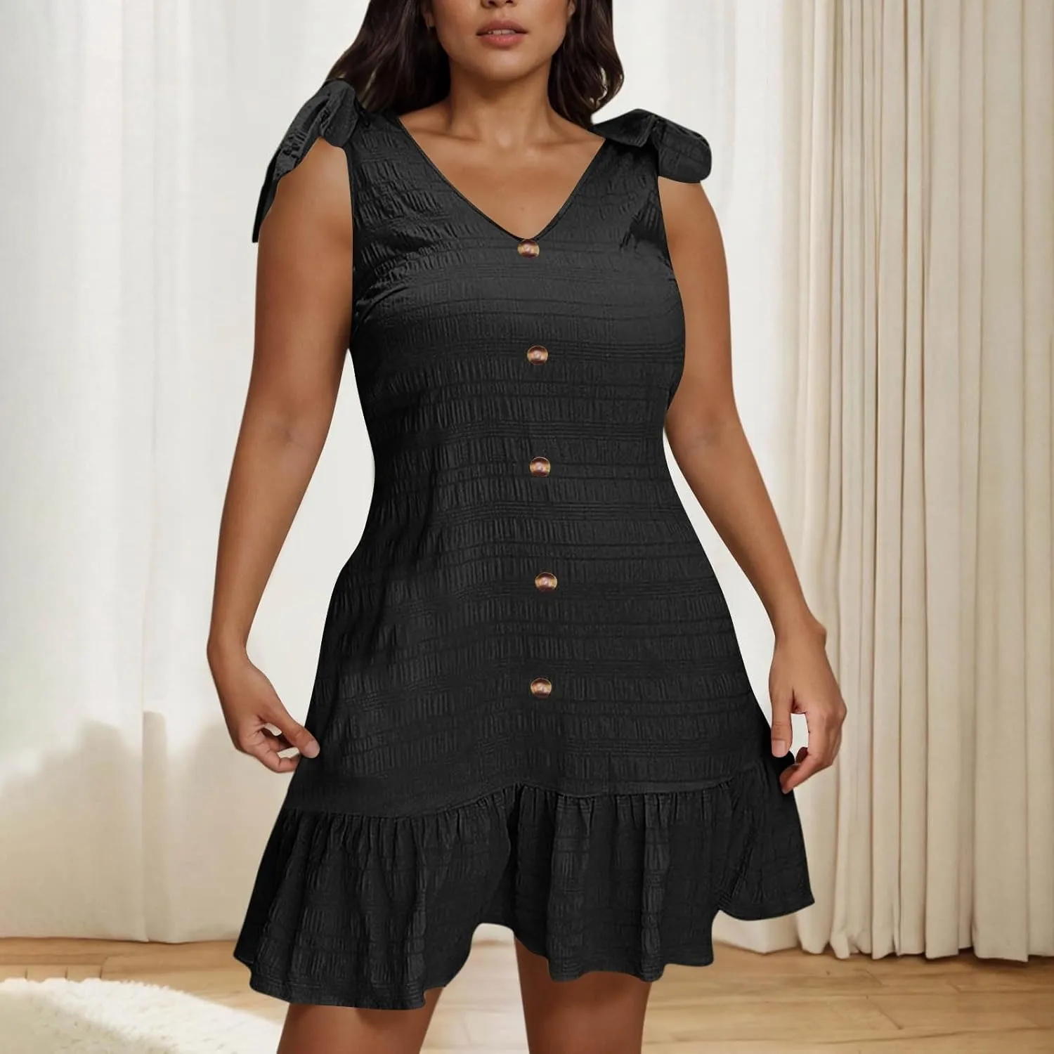 Plus Size Textured Mini Dresses for Women Casual Bowknot Strap Sleevevless Button Decor Ruffle Hem Tank Beach Sundress