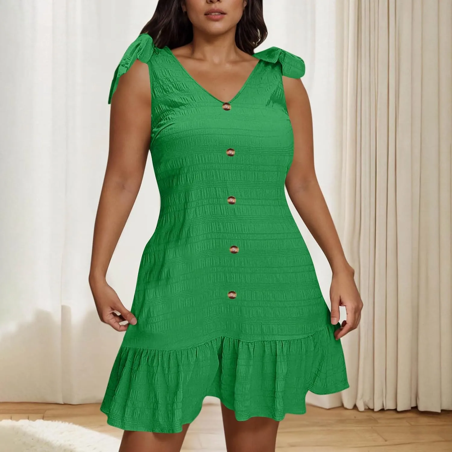 Plus Size Textured Mini Dresses for Women Casual Bowknot Strap Sleevevless Button Decor Ruffle Hem Tank Beach Sundress