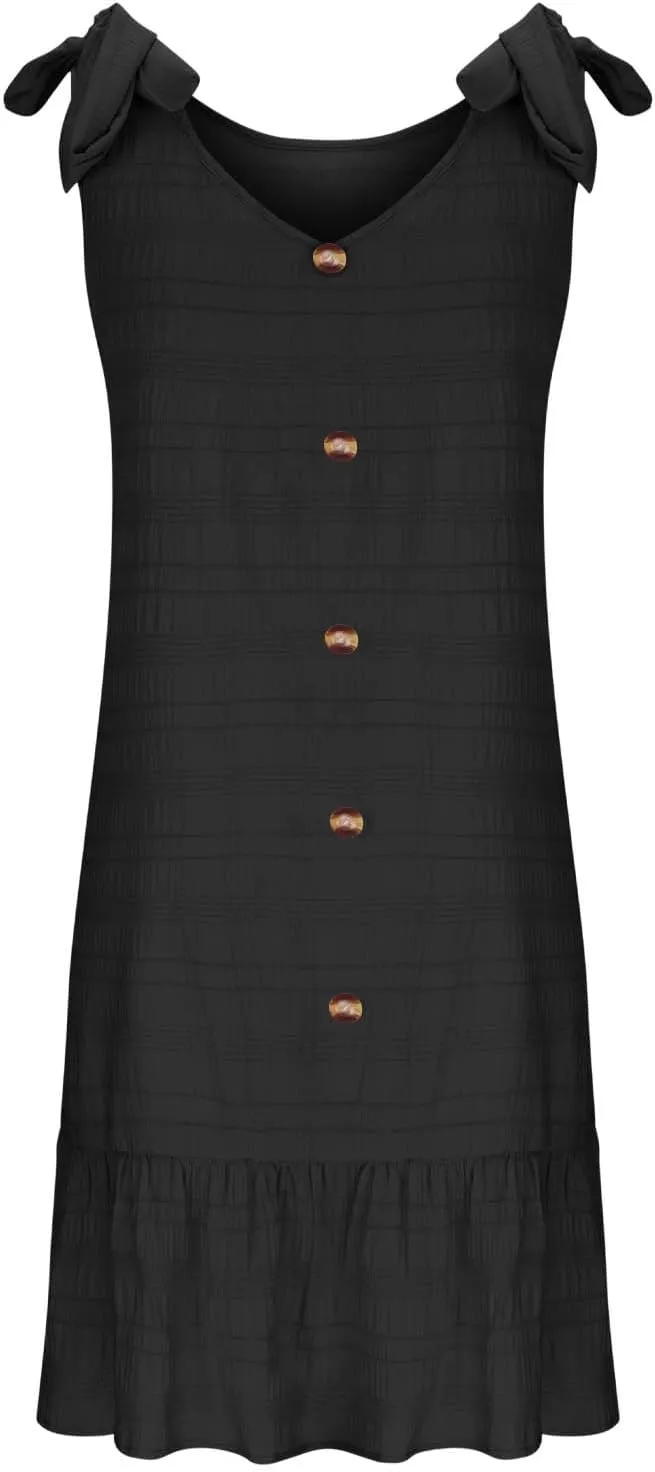 Plus Size Textured Mini Dresses for Women Casual Bowknot Strap Sleevevless Button Decor Ruffle Hem Tank Beach Sundress