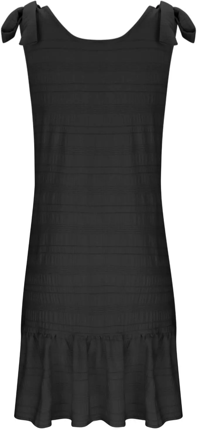 Plus Size Textured Mini Dresses for Women Casual Bowknot Strap Sleevevless Button Decor Ruffle Hem Tank Beach Sundress