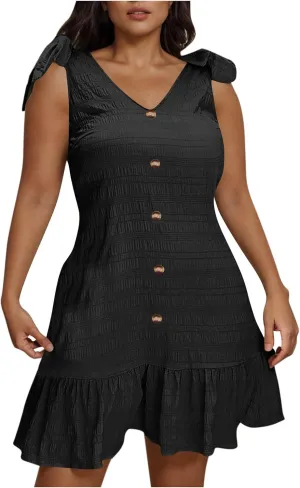 Plus Size Textured Mini Dresses for Women Casual Bowknot Strap Sleevevless Button Decor Ruffle Hem Tank Beach Sundress