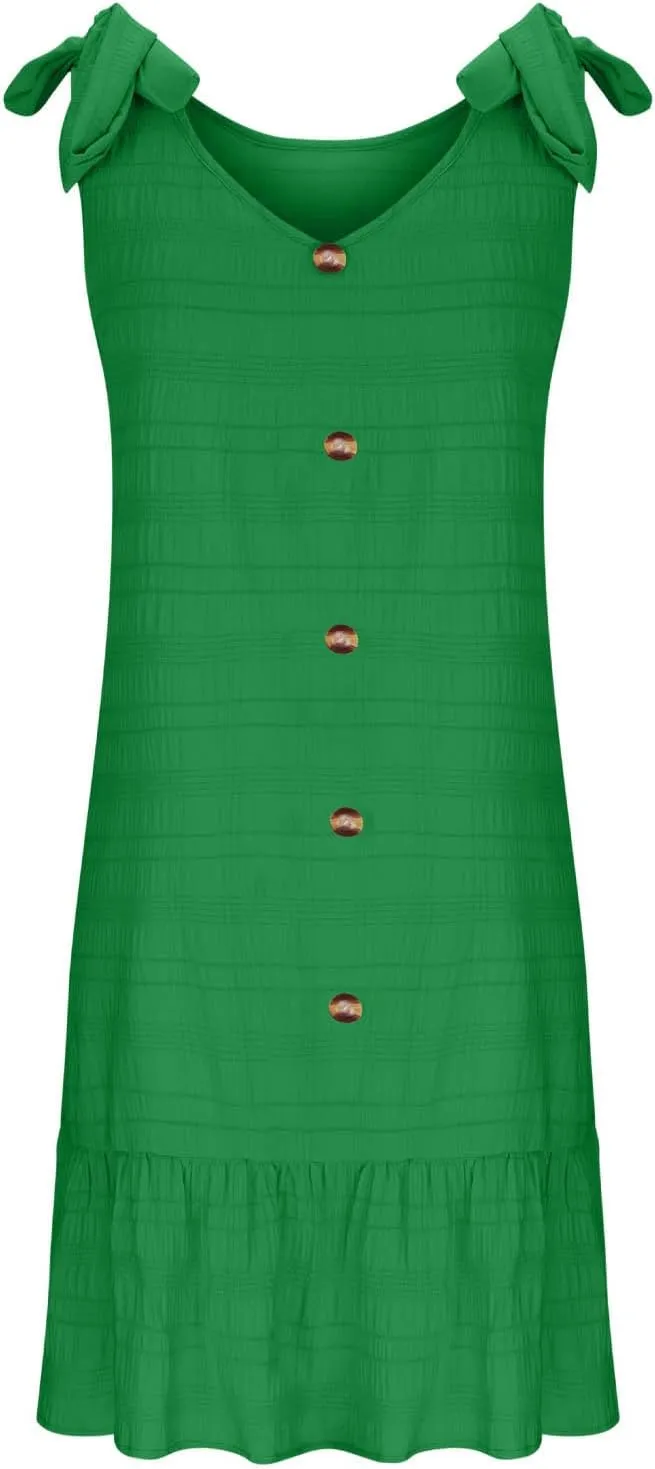 Plus Size Textured Mini Dresses for Women Casual Bowknot Strap Sleevevless Button Decor Ruffle Hem Tank Beach Sundress