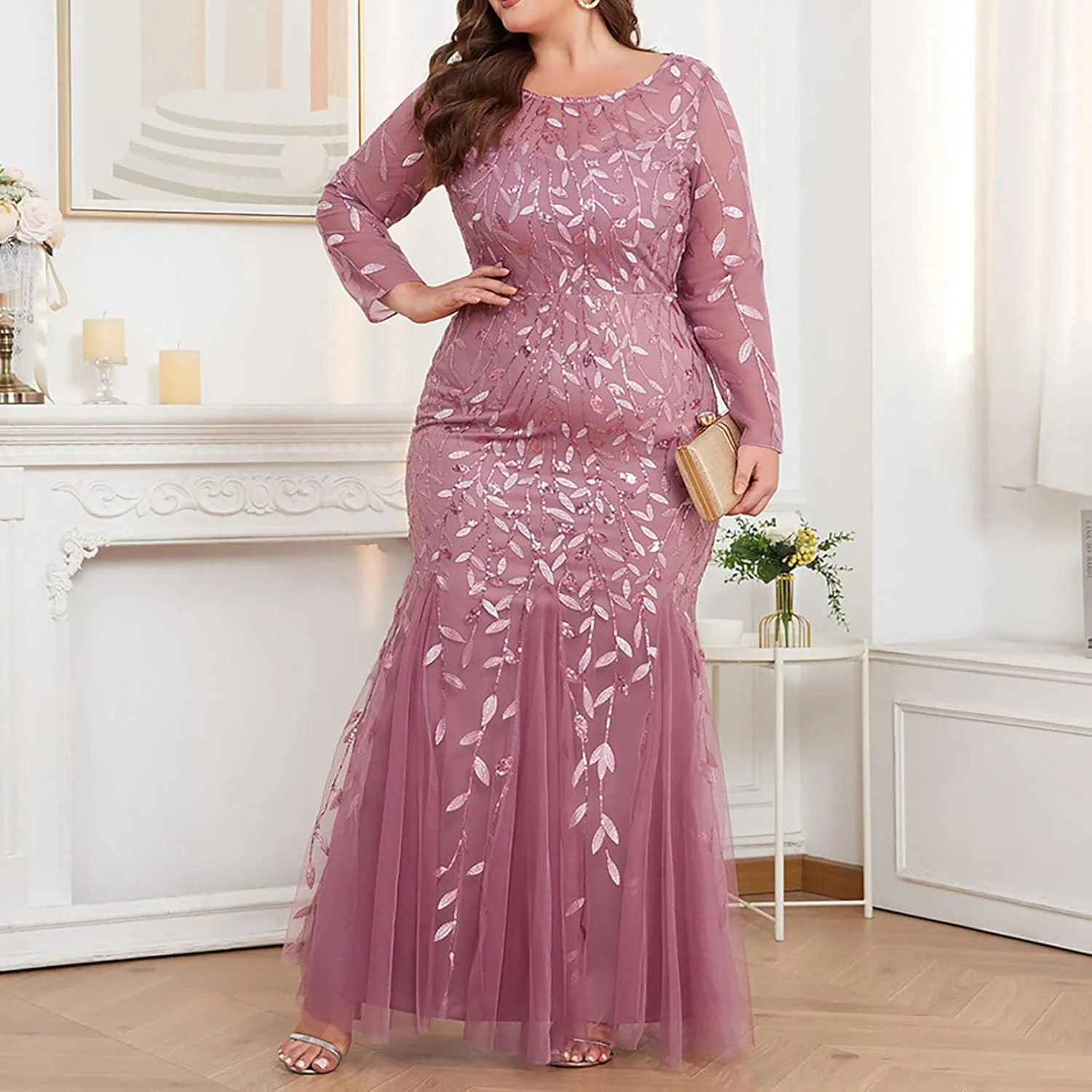 Plus Size Wedding Guest Dresses for Curvy Women Sequin Leaves Embroidery Mermaid Maxi Dress Evening Party Formal Dress