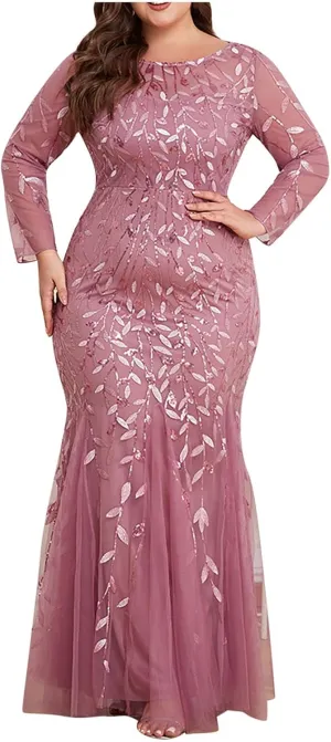 Plus Size Wedding Guest Dresses for Curvy Women Sequin Leaves Embroidery Mermaid Maxi Dress Evening Party Formal Dress