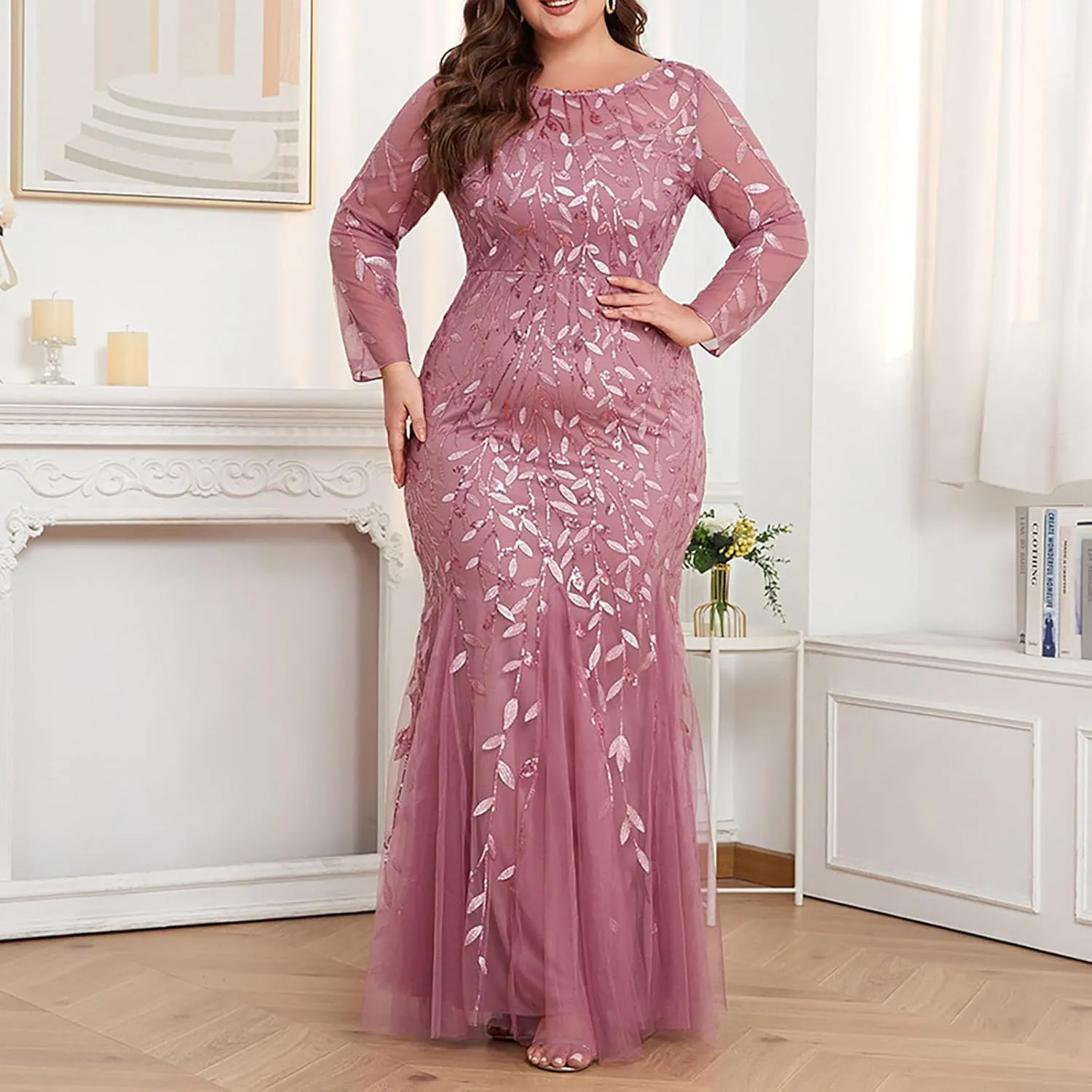 Plus Size Wedding Guest Dresses for Curvy Women Sequin Leaves Embroidery Mermaid Maxi Dress Evening Party Formal Dress