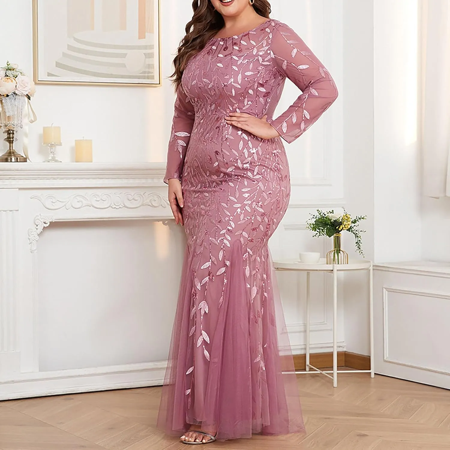 Plus Size Wedding Guest Dresses for Curvy Women Sequin Leaves Embroidery Mermaid Maxi Dress Evening Party Formal Dress