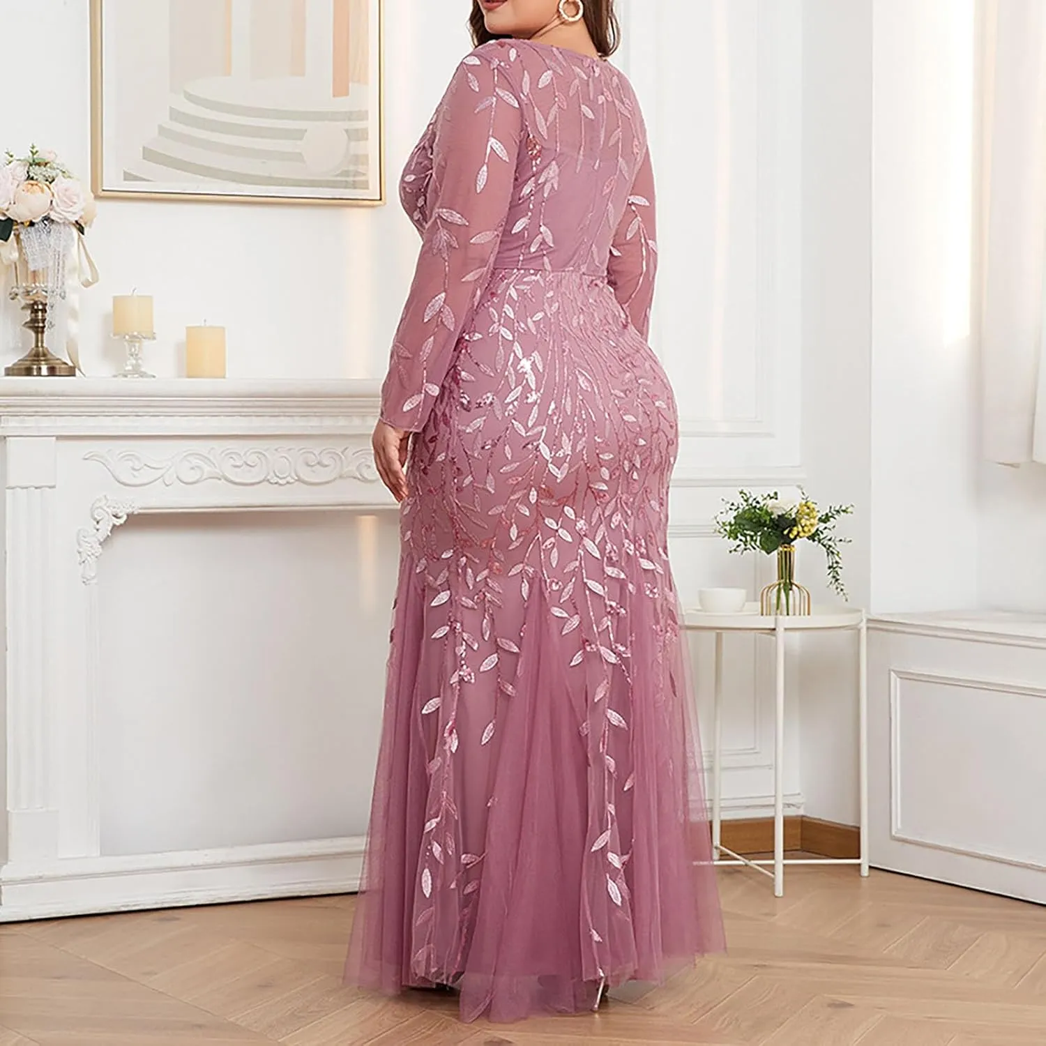 Plus Size Wedding Guest Dresses for Curvy Women Sequin Leaves Embroidery Mermaid Maxi Dress Evening Party Formal Dress