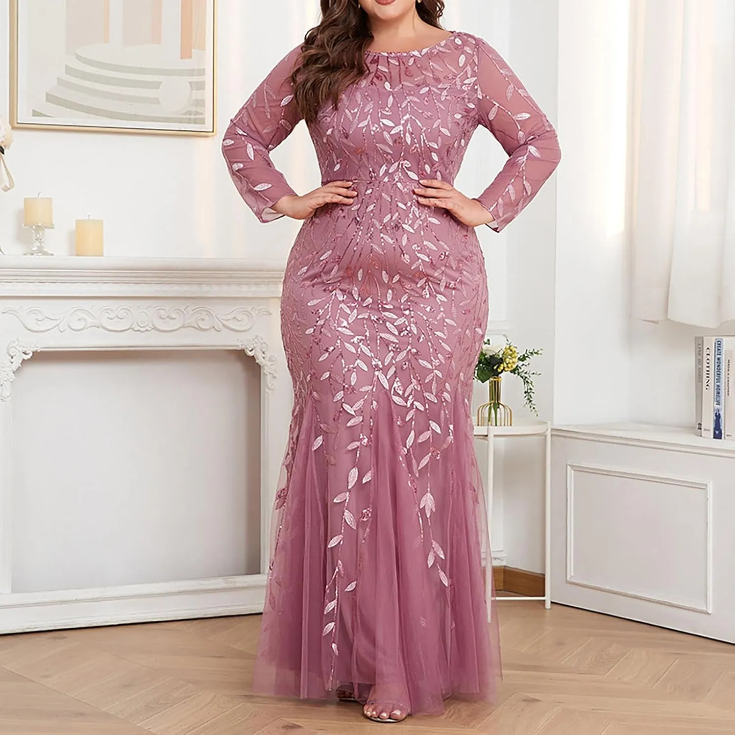 Plus Size Wedding Guest Dresses for Curvy Women Sequin Leaves Embroidery Mermaid Maxi Dress Evening Party Formal Dress