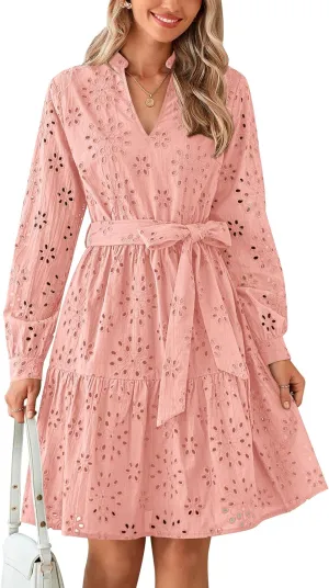 PRETTYGARDEN Women's Long Sleeve Spring Dress 2025 Casual Fall V Neck A Line Hollow Out Eyelet Wedding Guest Short Dresses