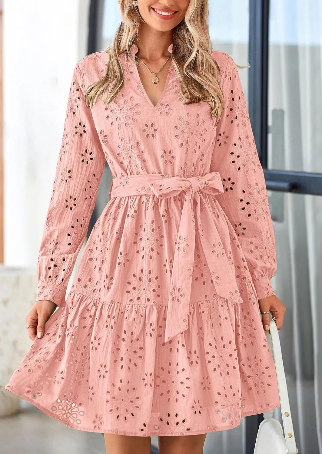 PRETTYGARDEN Women's Long Sleeve Spring Dress 2025 Casual Fall V Neck A Line Hollow Out Eyelet Wedding Guest Short Dresses