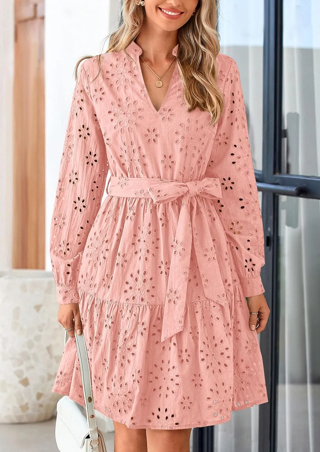 PRETTYGARDEN Women's Long Sleeve Spring Dress 2025 Casual Fall V Neck A Line Hollow Out Eyelet Wedding Guest Short Dresses