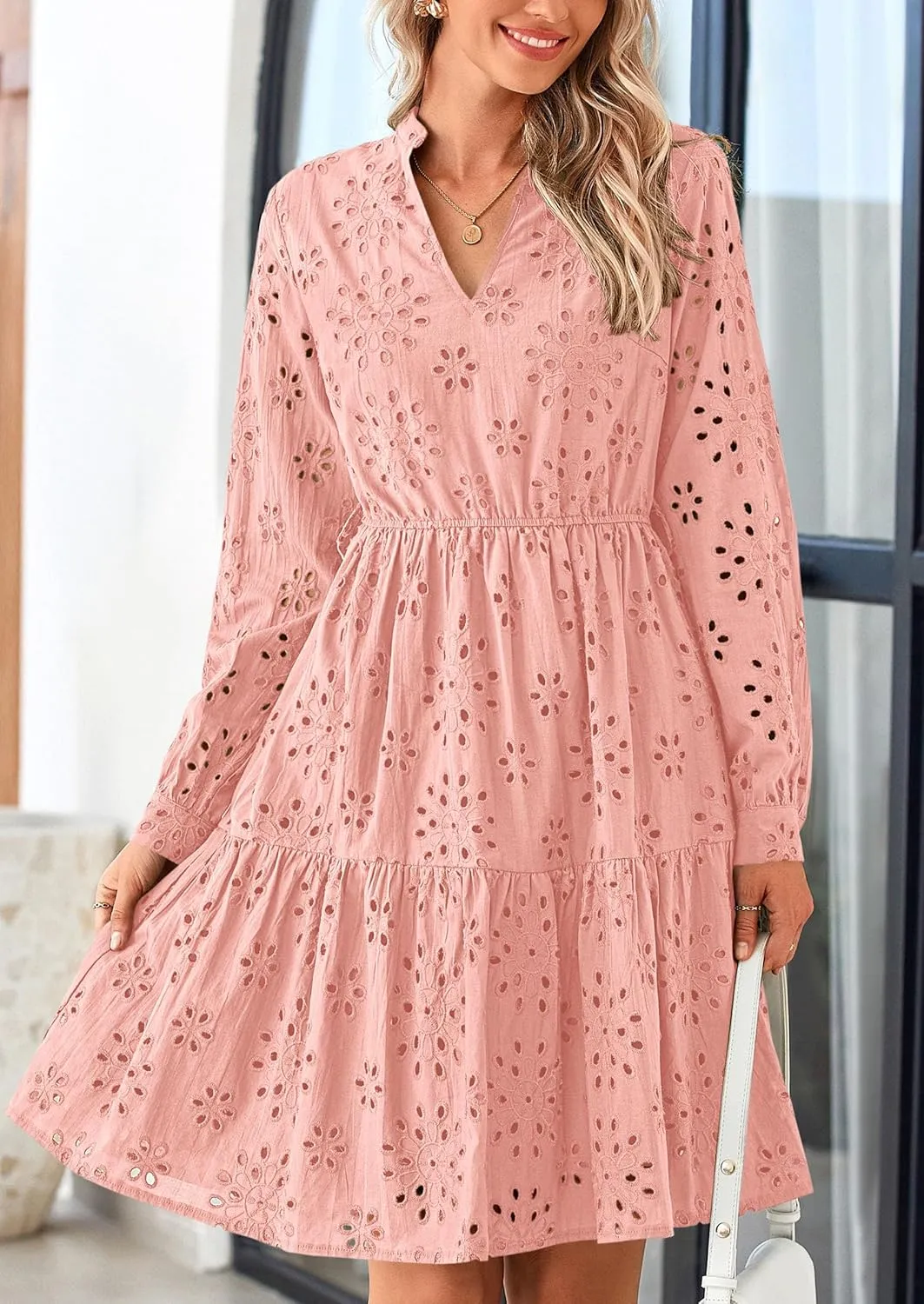 PRETTYGARDEN Women's Long Sleeve Spring Dress 2025 Casual Fall V Neck A Line Hollow Out Eyelet Wedding Guest Short Dresses