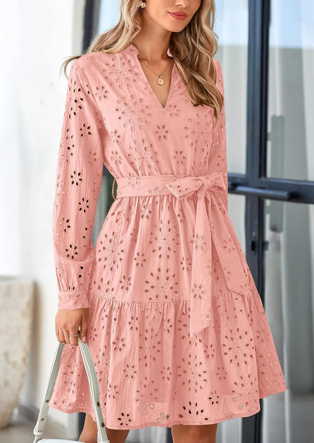 PRETTYGARDEN Women's Long Sleeve Spring Dress 2025 Casual Fall V Neck A Line Hollow Out Eyelet Wedding Guest Short Dresses