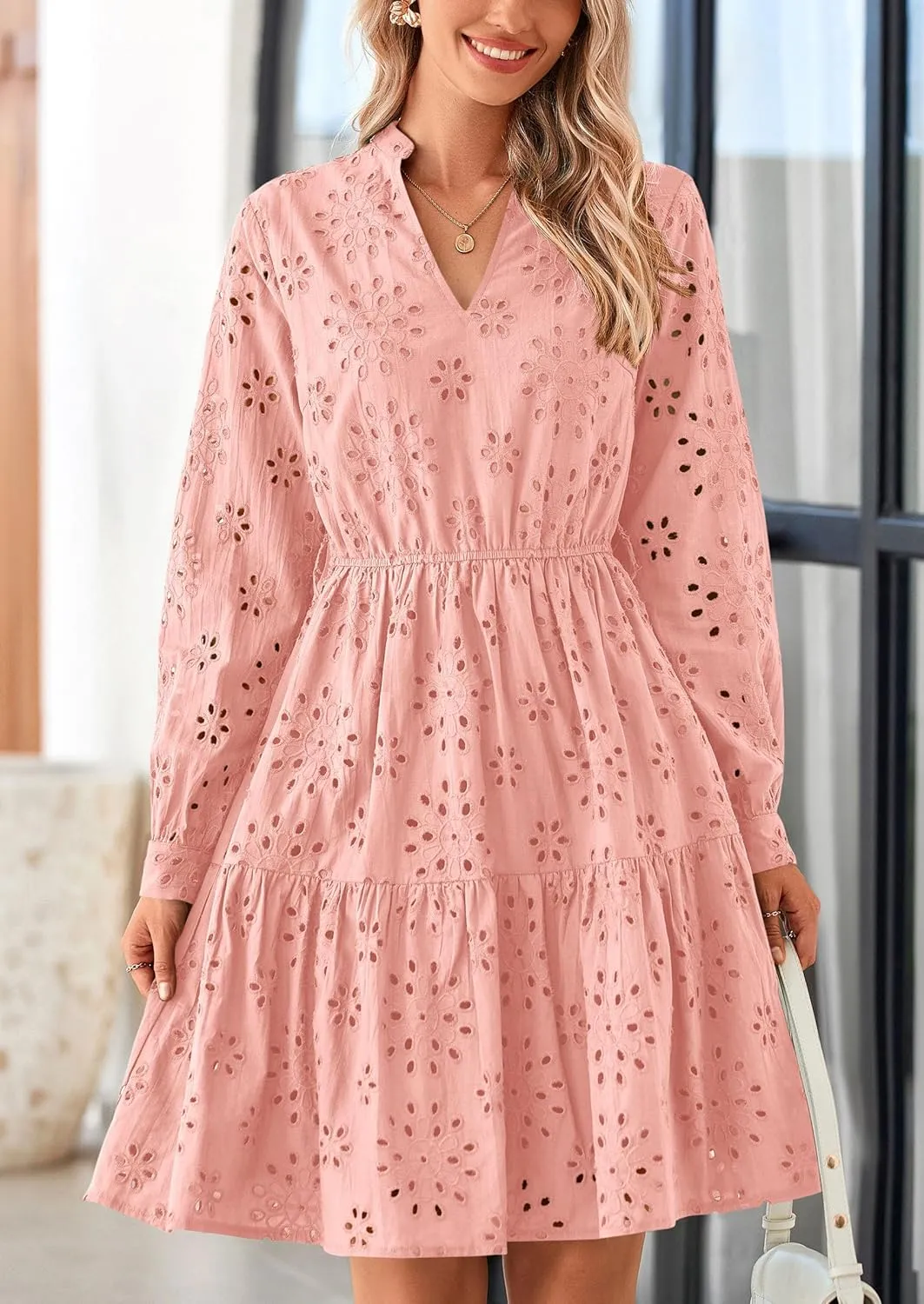 PRETTYGARDEN Women's Long Sleeve Spring Dress 2025 Casual Fall V Neck A Line Hollow Out Eyelet Wedding Guest Short Dresses