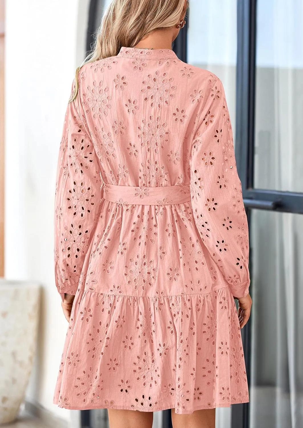 PRETTYGARDEN Women's Long Sleeve Spring Dress 2025 Casual Fall V Neck A Line Hollow Out Eyelet Wedding Guest Short Dresses
