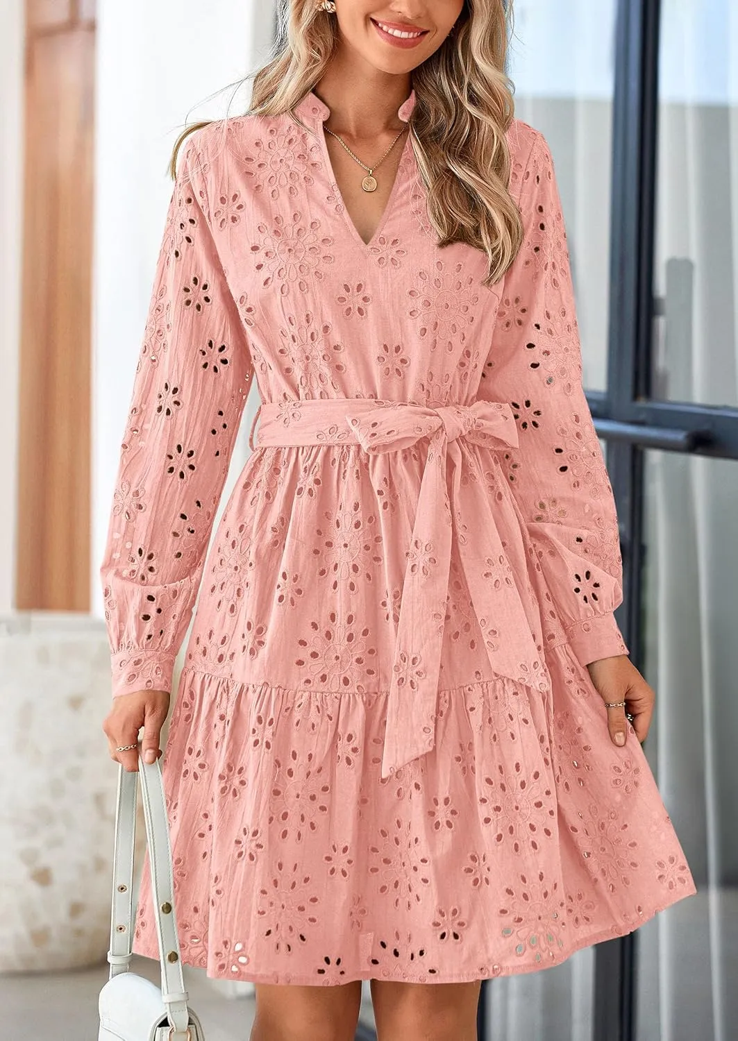 PRETTYGARDEN Women's Long Sleeve Spring Dress 2025 Casual Fall V Neck A Line Hollow Out Eyelet Wedding Guest Short Dresses