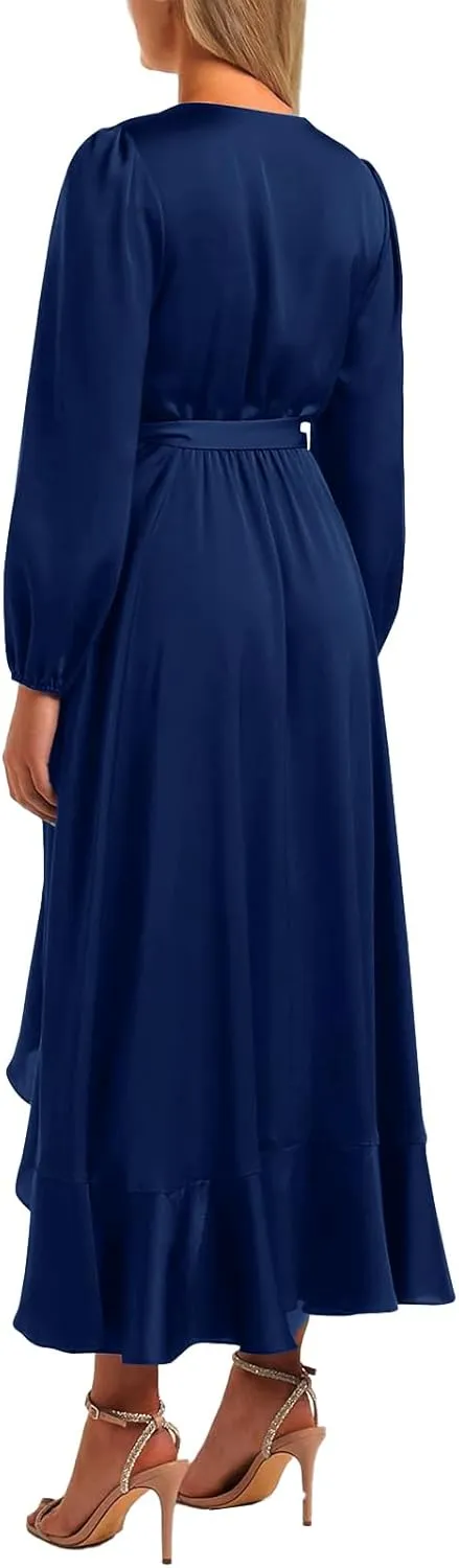 PRETTYGARDEN Women's Spring Dresses Casual Long Sleeve Wrap V Neck Maxi Dress Ruffle High Low Wedding Guest Dress Spring 2025