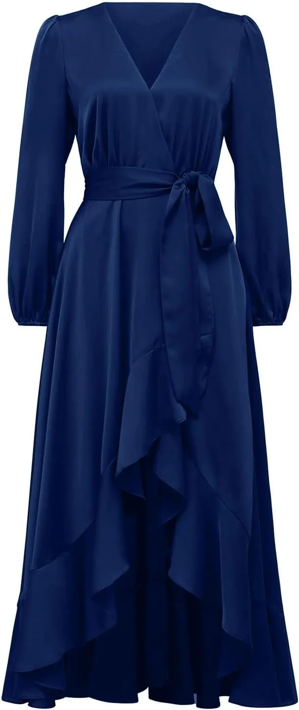 PRETTYGARDEN Women's Spring Dresses Casual Long Sleeve Wrap V Neck Maxi Dress Ruffle High Low Wedding Guest Dress Spring 2025