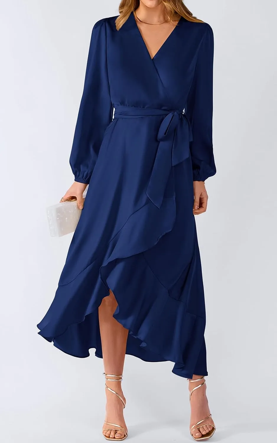 PRETTYGARDEN Women's Spring Dresses Casual Long Sleeve Wrap V Neck Maxi Dress Ruffle High Low Wedding Guest Dress Spring 2025