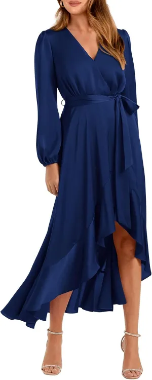 PRETTYGARDEN Women's Spring Dresses Casual Long Sleeve Wrap V Neck Maxi Dress Ruffle High Low Wedding Guest Dress Spring 2025
