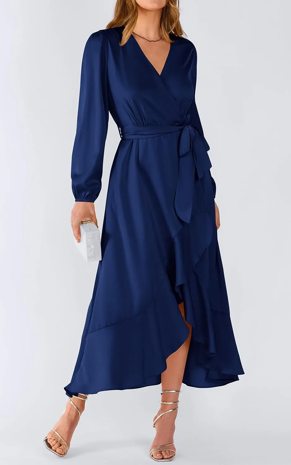 PRETTYGARDEN Women's Spring Dresses Casual Long Sleeve Wrap V Neck Maxi Dress Ruffle High Low Wedding Guest Dress Spring 2025