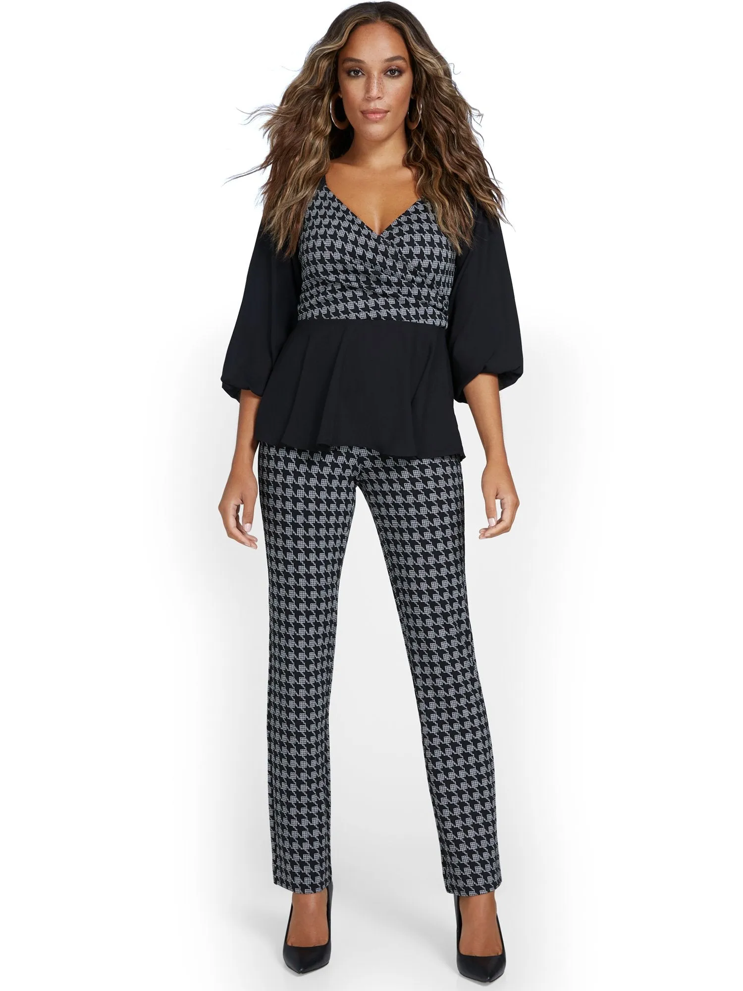 Pull-On Houndstooth Straight-Leg Ponte Pant - Superflex