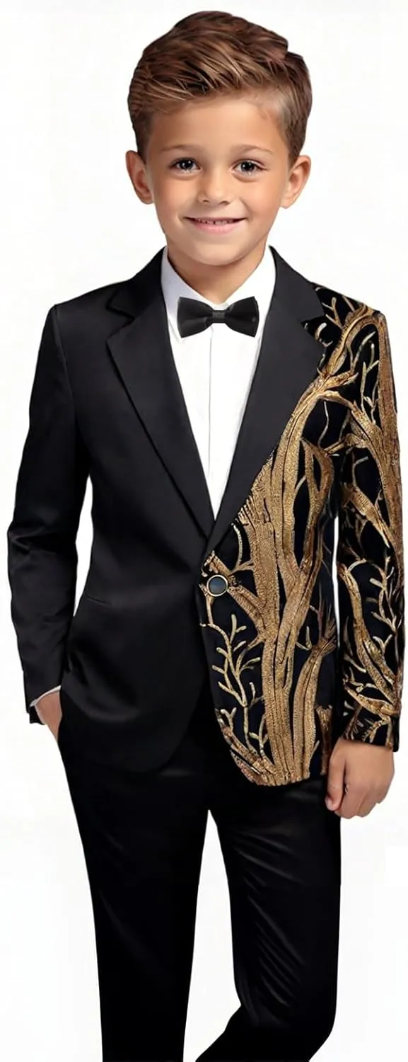 Pyiujtr Boys 4-Piece Tree and Wave Sequins Shiny Suit Jacket Shirt Bow Tie Pants Set for Performance Stage 6-16Y