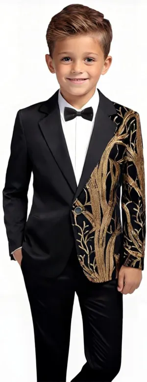 Pyiujtr Boys 4-Piece Tree and Wave Sequins Shiny Suit Jacket Shirt Bow Tie Pants Set for Performance Stage 6-16Y
