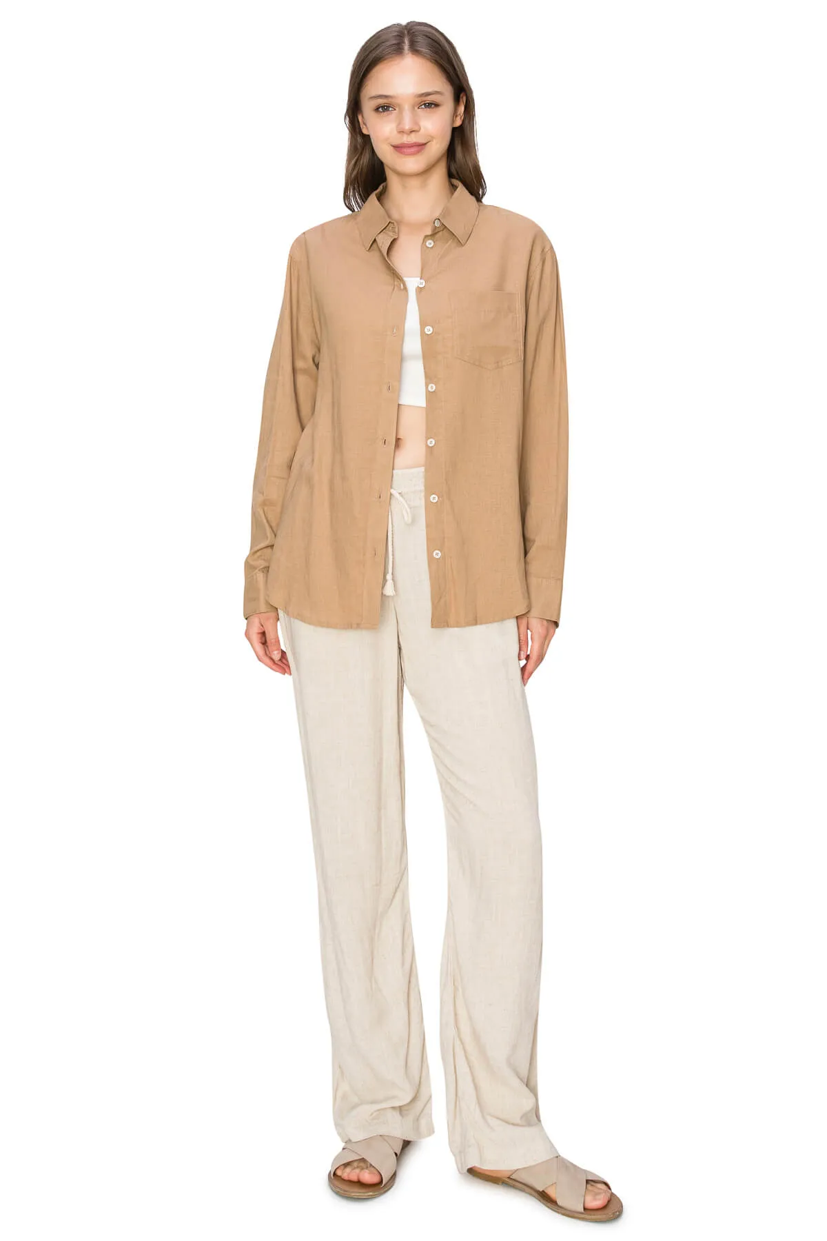 Relaxed Fit Linen Button-Down Shirts - Camel