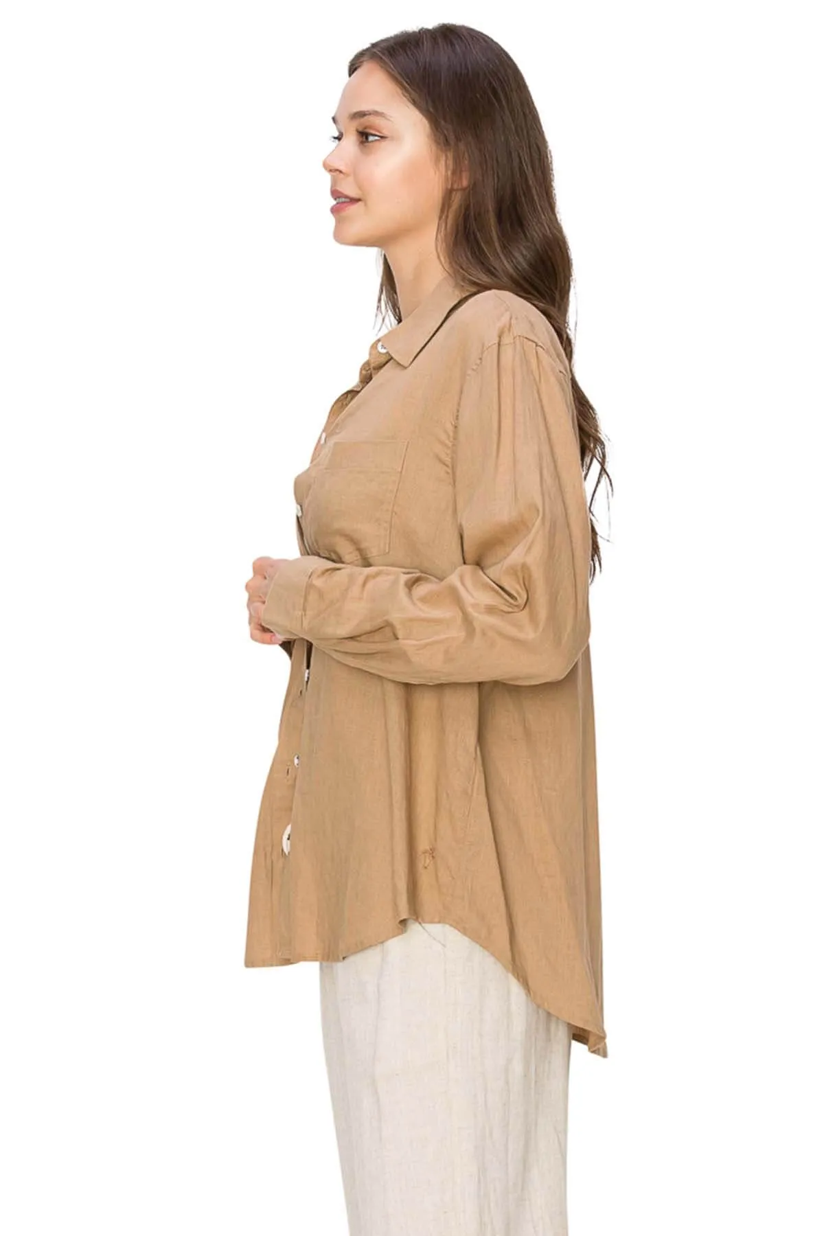 Relaxed Fit Linen Button-Down Shirts - Camel