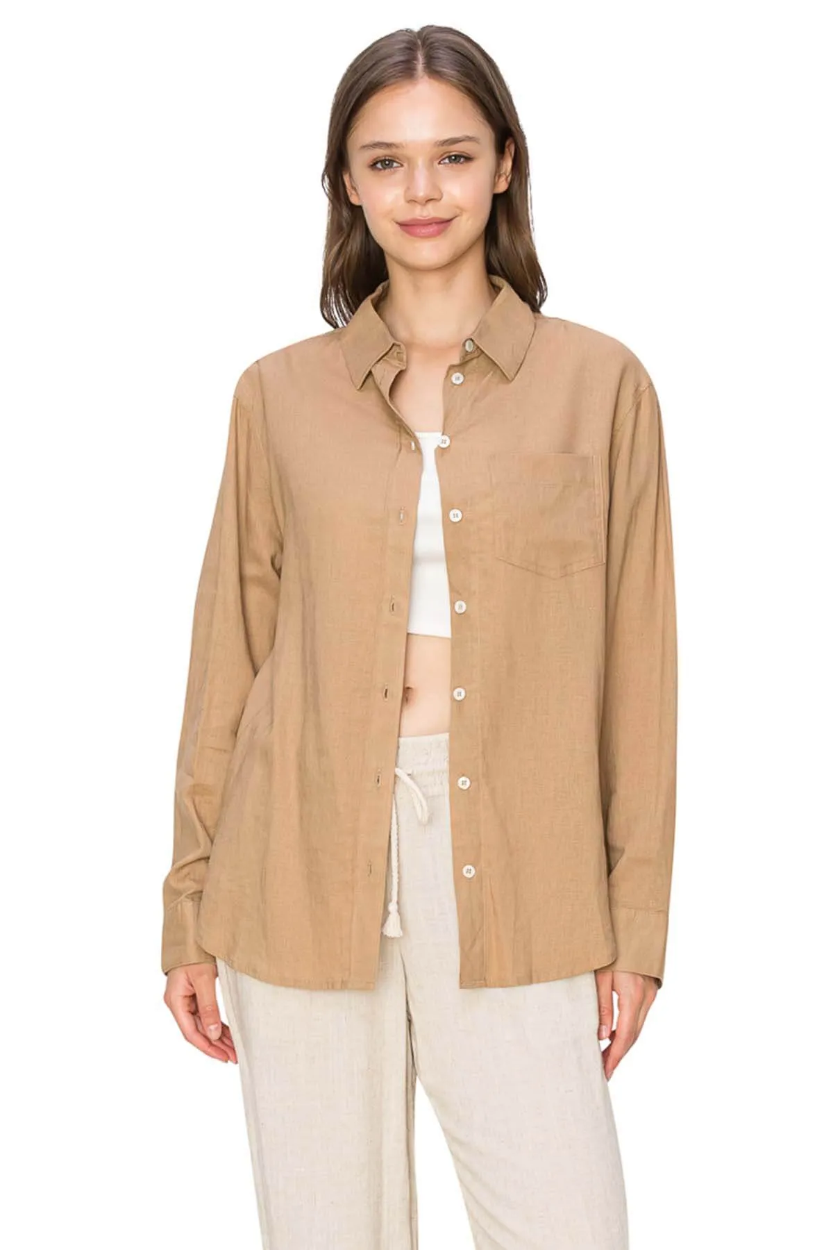 Relaxed Fit Linen Button-Down Shirts - Camel