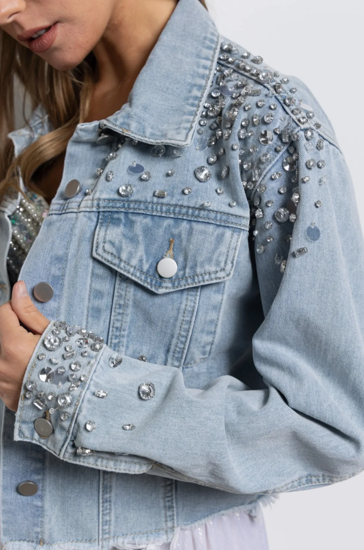 Rhinestone Embellished Cropped Denim Jacket