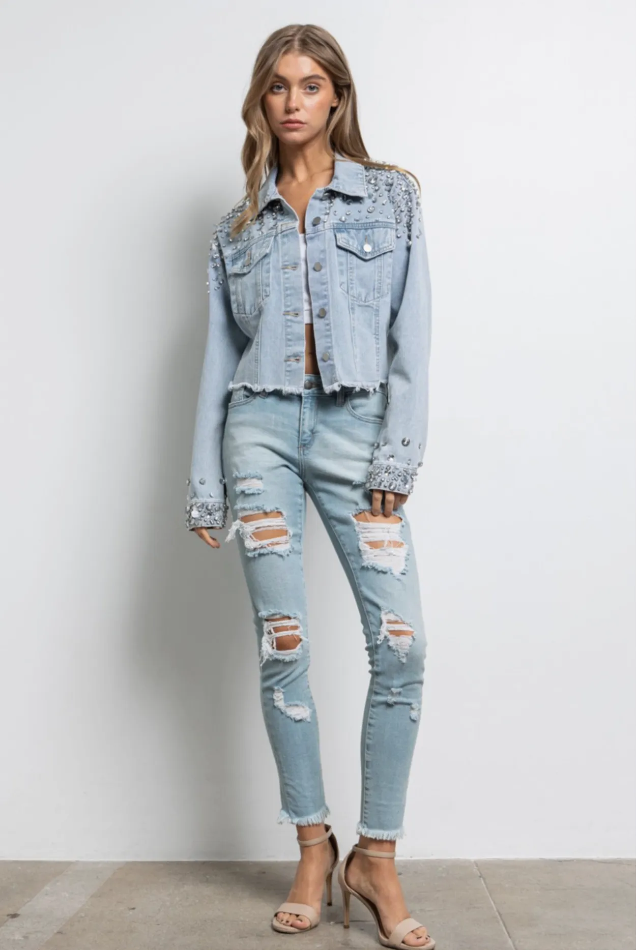 Rhinestone Embellished Cropped Denim Jacket