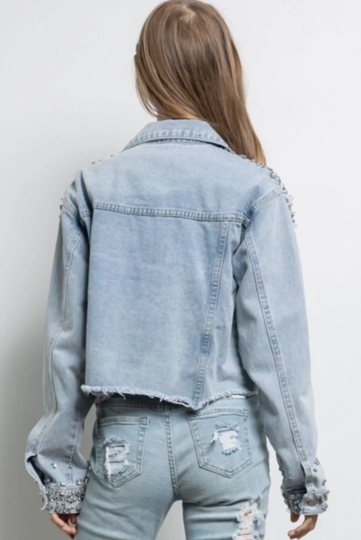 Rhinestone Embellished Cropped Denim Jacket