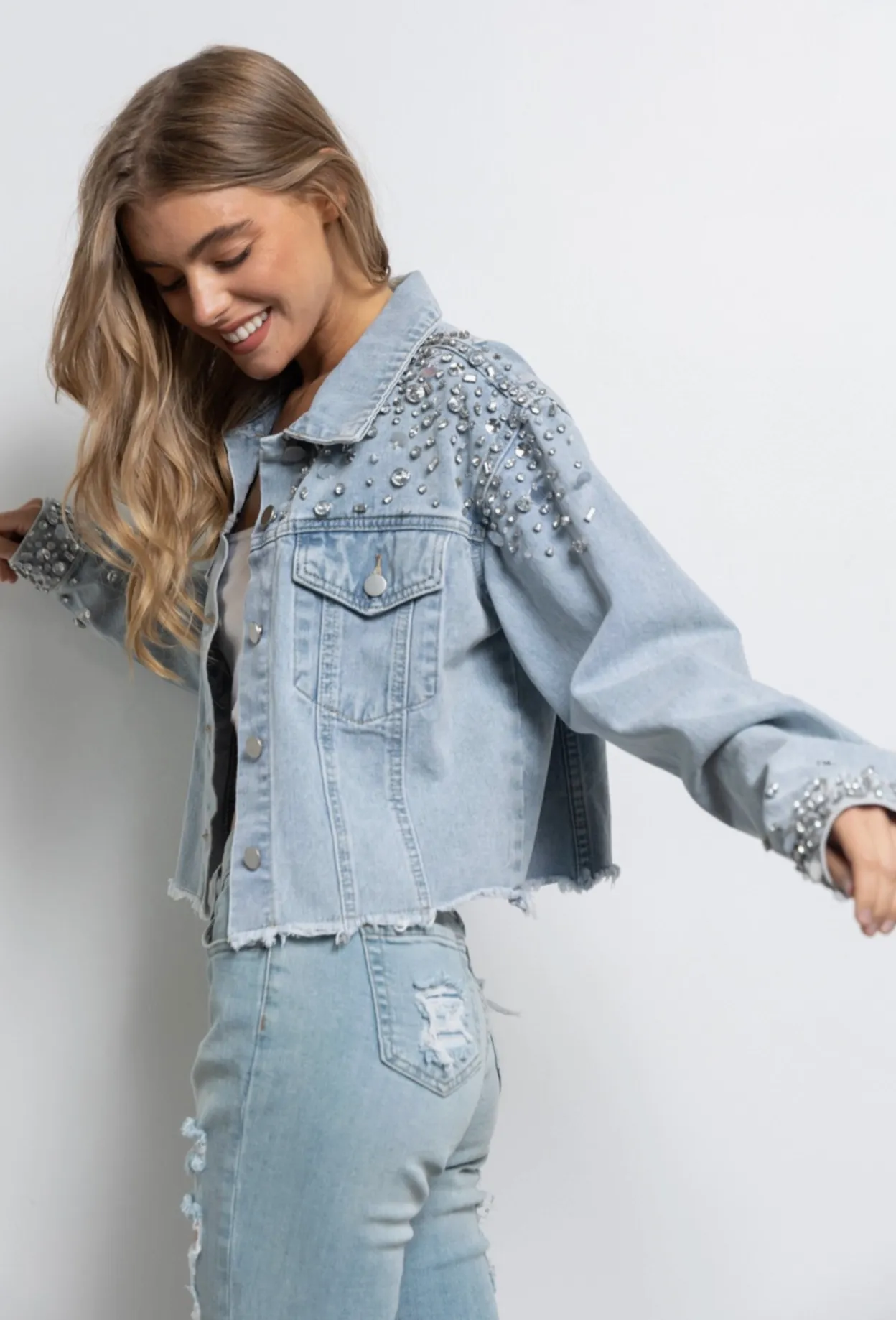 Rhinestone Embellished Cropped Denim Jacket