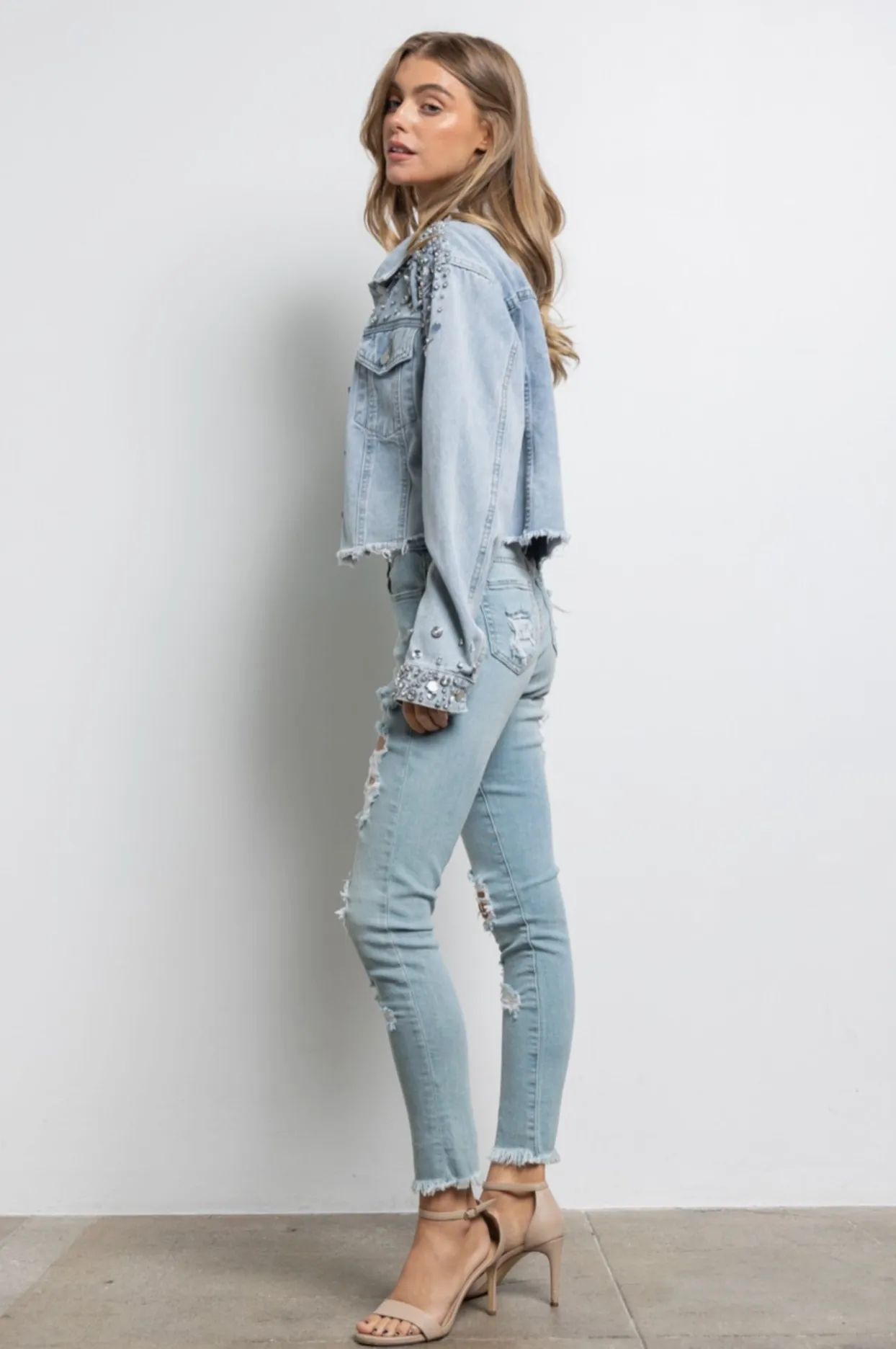 Rhinestone Embellished Cropped Denim Jacket